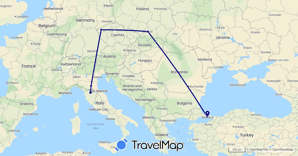 TravelMap itinerary: driving in Czech Republic, Italy, Poland, Turkey (Asia, Europe)